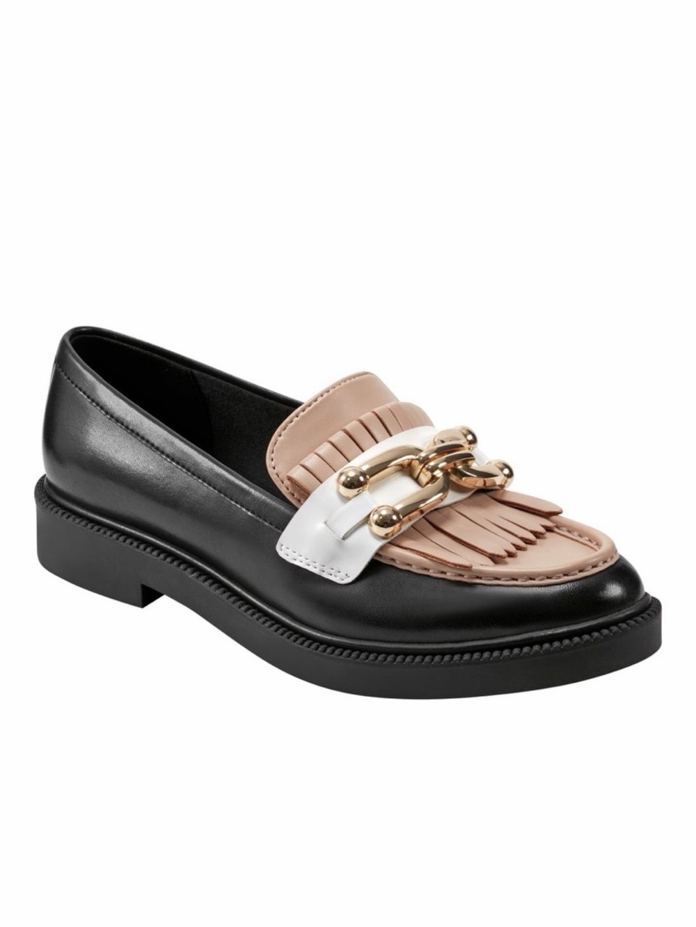 Marc Fisher Calisto Loafer Black, Tan, and White Fringe Gold Hardware Loafers
